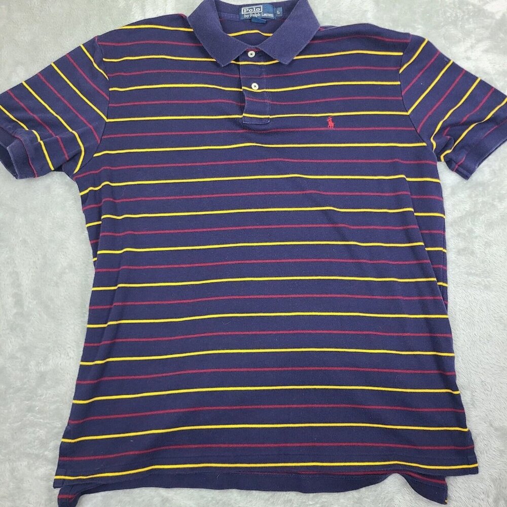 Polo Ralph Lauren Short Sleeve Size Large Nayy‎ Blue Yellow Striped Polo Shirt